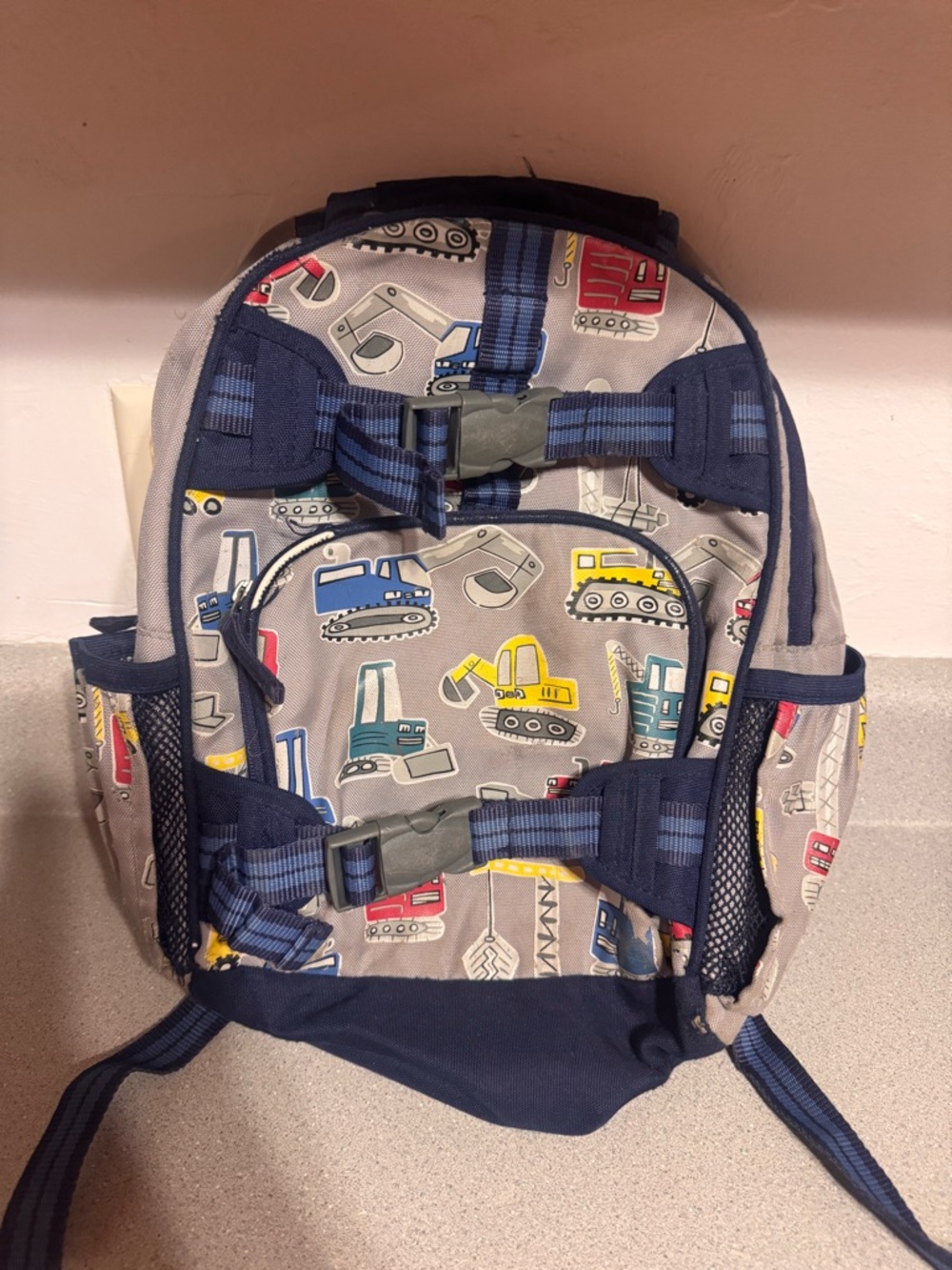 Pottery Barn Kids Construction Print Backpack in Navy, Gray, Yellow, Red, Blue
